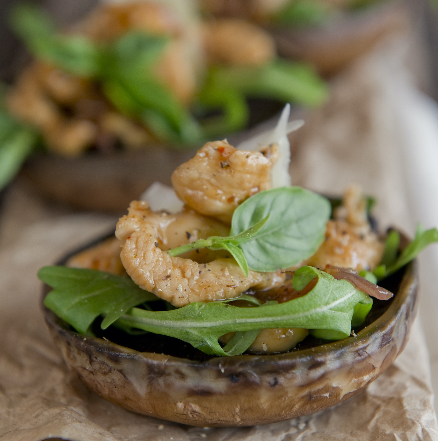 Large Brown Mushrooms Stuffed with Caramelised Red Onion Chicken and Basil