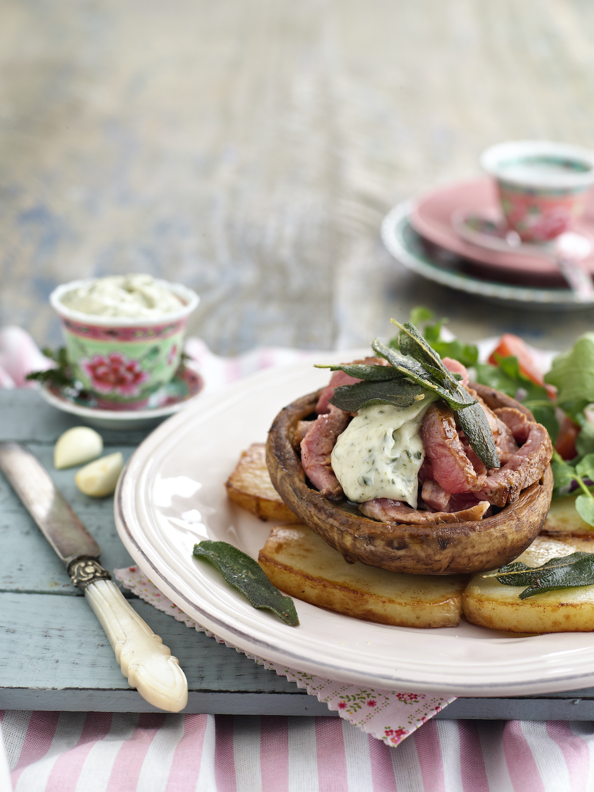 Grilled Mushroom & Potato Stacks with Grilled Beef & a Thyme Aioli