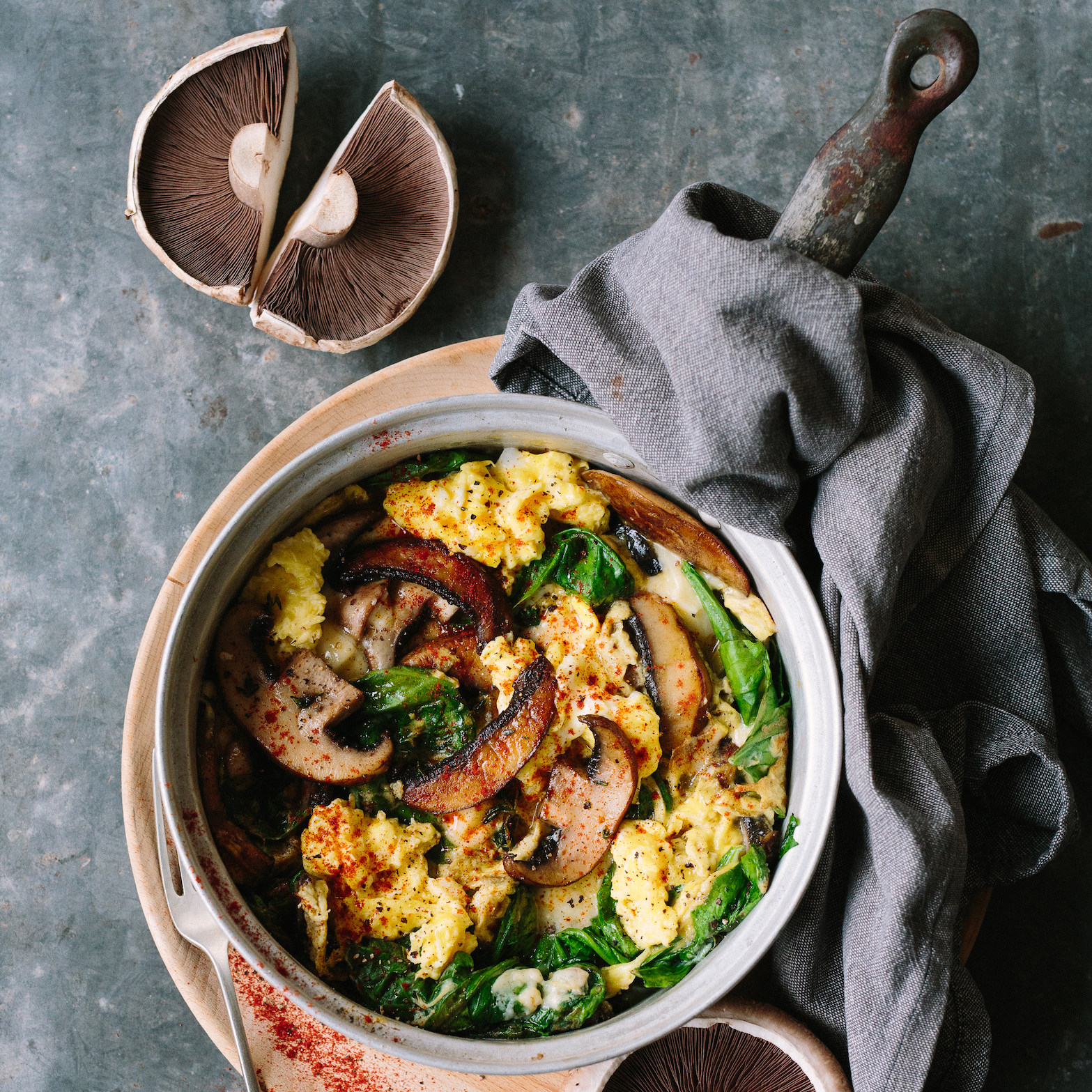 Mushroom & Spinach Scrambled Eggs with Smoked Mozzarella & Paprika