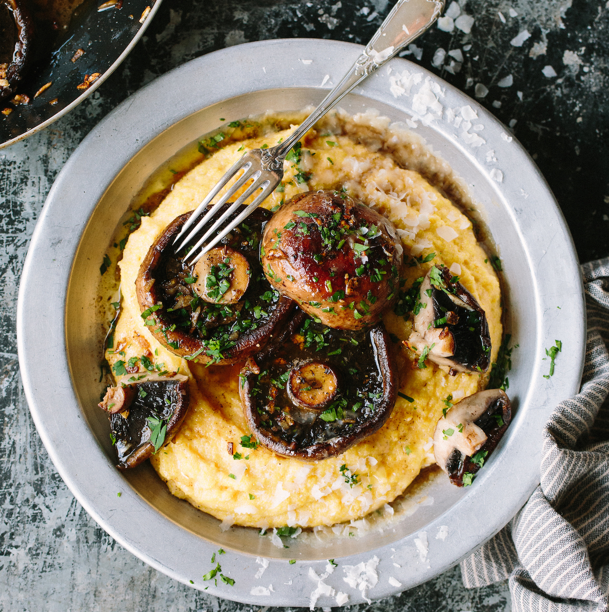 Buttery Garlic Mushrooms on Polenta with Parmesan
