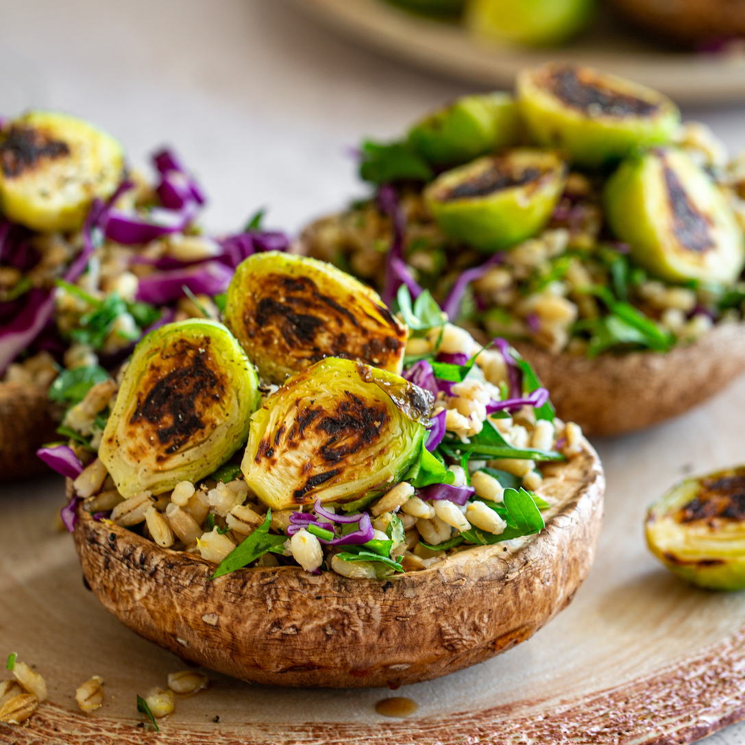 Roasted Brussels Sprouts Stuffed Portabellas with Barley, Lemon & Herbs